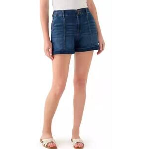 Wonderly Women's Denim Shorts 6 Double Button Seamed Front Indigo Dark Wash